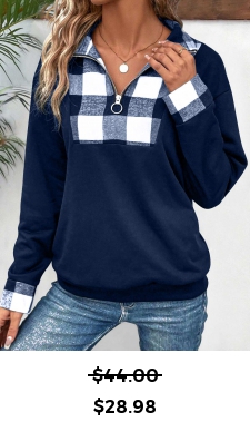 ROTITA Patchwork Plaid Navy Turn Down Collar Long Sleeve Sweatshirt