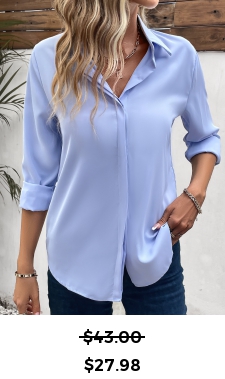 Patchwork Blue Shirt Collar Long Sleeve Blouse
