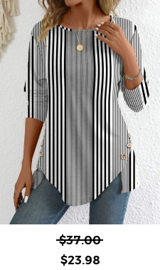 ROTITA Patchwork Striped Black Round Neck Long Sleeve T Shirt