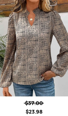 ROTITA Split Graffiti Print Light Camel Long Sleeve Blouse