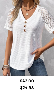ROTITA Patchwork White V Neck Short Sleeve T Shirt