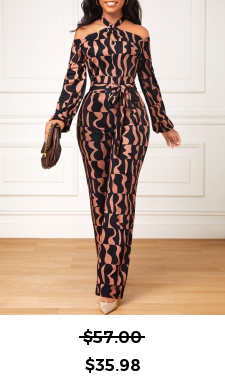 Cut Out Geometric Print Dark Coffee Belted Jumpsuit