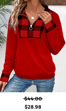 ROTITA Patchwork Plaid Red Turn Down Collar Long Sleeve Sweatshirt