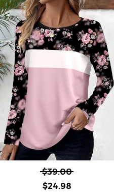 ROTITA Patchwork Ditsy Floral Print Pink Round Neck T Shirt