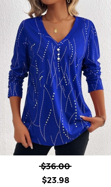 ROTITA Button Geometric Print Dark Blue V Neck T Shirt