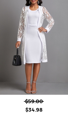 ROTITA Mesh White Two-Piece Round Neck Dress and Cardigan