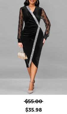 ROTITA Sequin Black V Neck Long Sleeve Dress