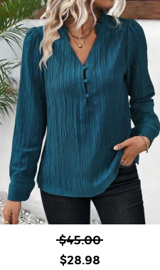 ROTITA Frill Peacock Blue Split Neck Long Sleeve Blouse