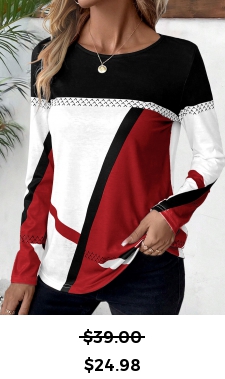 ROTITA Patchwork Geometric Print Wine Red Round Neck T Shirt