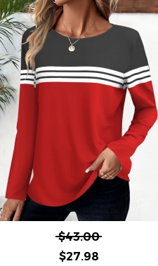 ROTITA Striped Red Round Neck Long Sleeve T Shirt