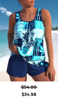 ROTITA Tie Cyan Tropical Plants Print Tankini Set