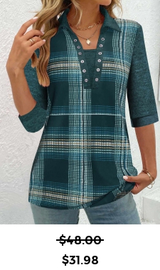 ROTITA Patchwork Plaid Peacock Blue Shirt Collar Half Sleeve Blouse