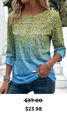 Button Ombre Blue Round Neck 3/4 Sleeve T Shirt