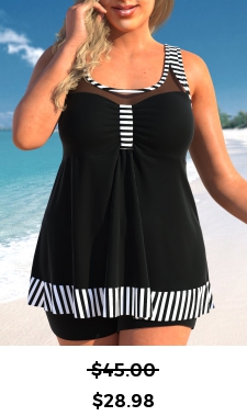 ROTITA Plus Size Mesh Striped Black Tankini Top