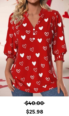 ROTITA Valentine\\\\\\\\\\\\\\\\\\\\\\\\\\\\\\\'s Day Smocked Red Split Neck 3/4 Sleeve Blouse