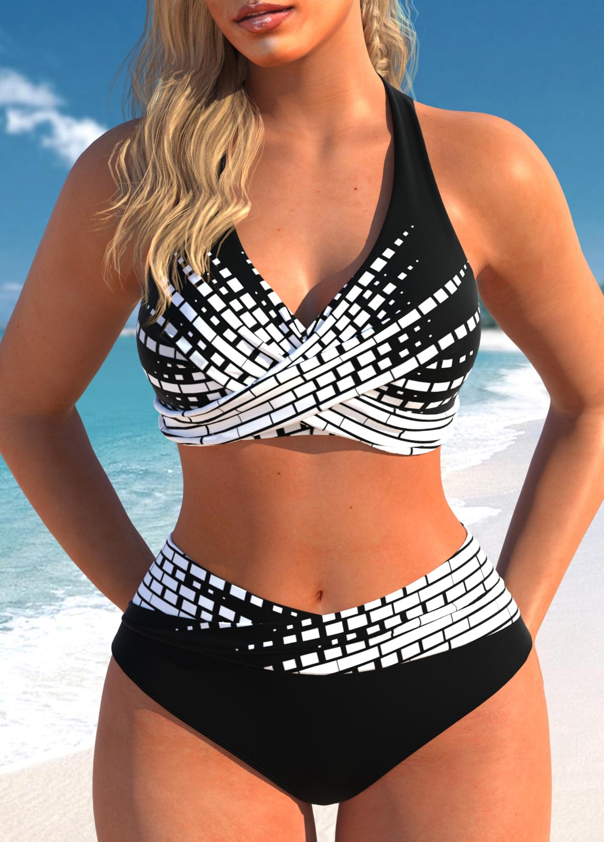 ROTITA Surplice Tie Black Ombre Bikini Set