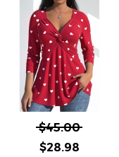 ROTITA Twist Heart Print Red V Neck T Shirt
