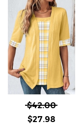 ROTITA Fake 2in1 Plaid Yellow Scoop Neck T Shirt