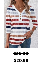 ROTITA Button Multi Stripe Print V Neck T Shirt