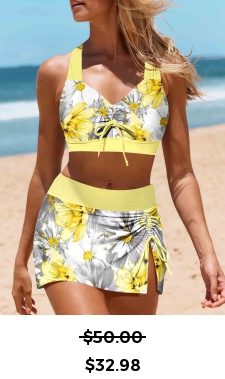 ROTITA Bowknot Light Yellow Floral Print Bikini Set