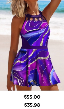 ROTITA Cage Neck Purple Dazzle Colorful Print Swimdress and Panty