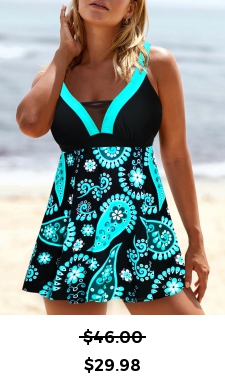 ROTITA Paisley Print Cyan Wide Strap Swimdress Top
