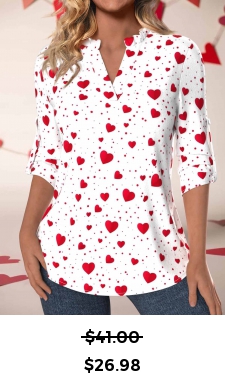 ROTITA Valentine\\\\\\\\\\\\\\\\\\\\\\\\\\\\\\\'s Day Button White Split Neck 3/4 Sleeve Blouse