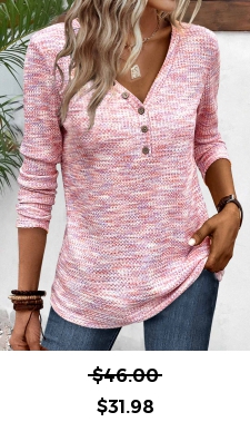 ROTITA Plus Size Button Light Pink V Neck T Shirt