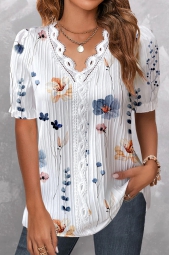 ROTITA Lace Floral Print White V Neck Short Sleeve Blouse