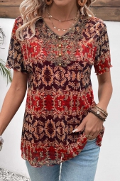 ROTITA Button Tribal Print Multi Color V Neck Blouse