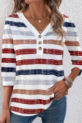ROTITA Button Multi Stripe Print V Neck T Shirt