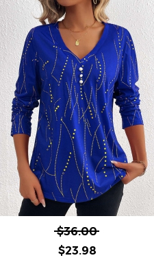 ROTITA Button Geometric Print Dark Blue V Neck T Shirt