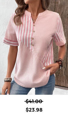 ROTITA Patchwork Striped Pink Split Neck Short Sleeve Blouse