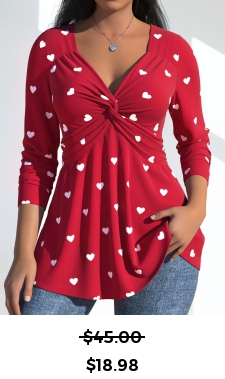 ROTITA Twist Heart Print Red V Neck T Shirt