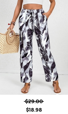 Double Side Pockets Feathers Print White Elastic Waist Pants