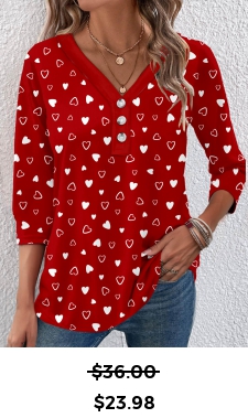 ROTITA Valentine\'s Day Button Heart Print Red T Shirt