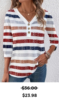ROTITA Button Multi Stripe Print V Neck T Shirt