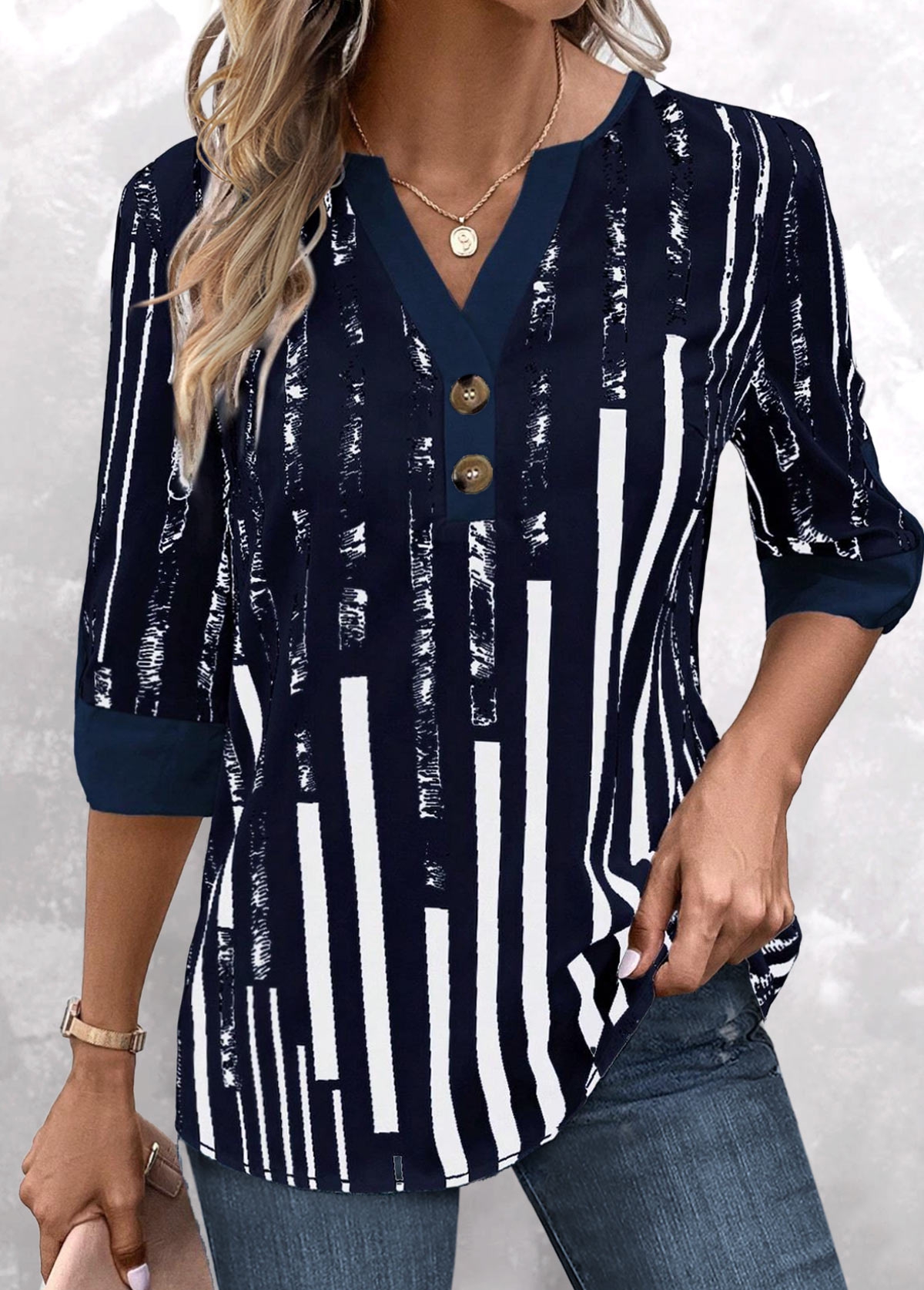 ROTITA Patchwork Striped Navy Split Neck 3/4 Sleeve Blouse