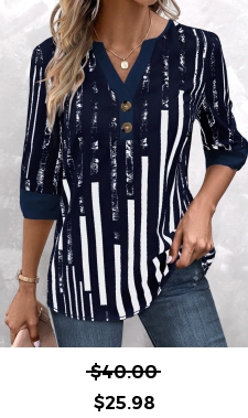 ROTITA Patchwork Striped Navy Split Neck 3/4 Sleeve Blouse