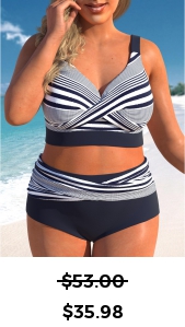 ROTITA Plus Size Criss Cross Striped Navy Bikini Set