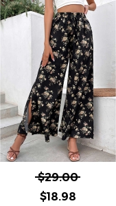 ROTITA Split Ditsy Floral Print Black Flare Leg Pants
