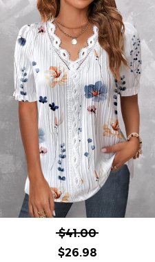 ROTITA Lace Floral Print White V Neck Short Sleeve Blouse