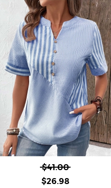 ROTITA Patchwork Striped Light Blue Split Neck Short Sleeve Blouse