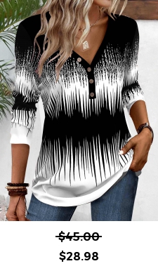 ROTITA Patchwork Ombre Black V Neck Long Sleeve T Shirt
