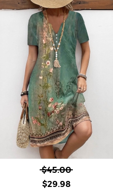 ROTITA Button Floral Print Green A Line Split Neck Dress