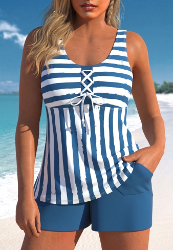 ROTITA Lace Up Blue Striped Tankini Set