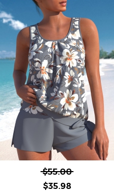 ROTITA Bowknot Grey Floral Print Tankini Set