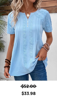 ROTITA Patchwork Light Blue Split Neck Short Sleeve Blouse