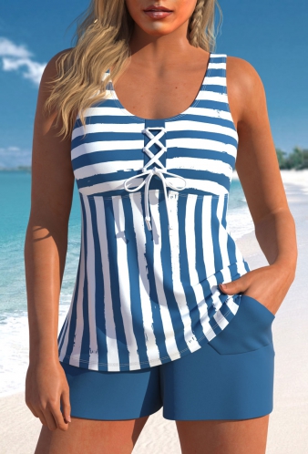 ROTITA Lace Up Blue Striped Tankini Set