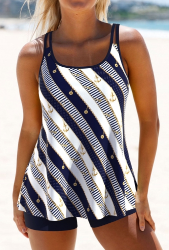 ROTITA Navy Double Straps Striped Tankini Set